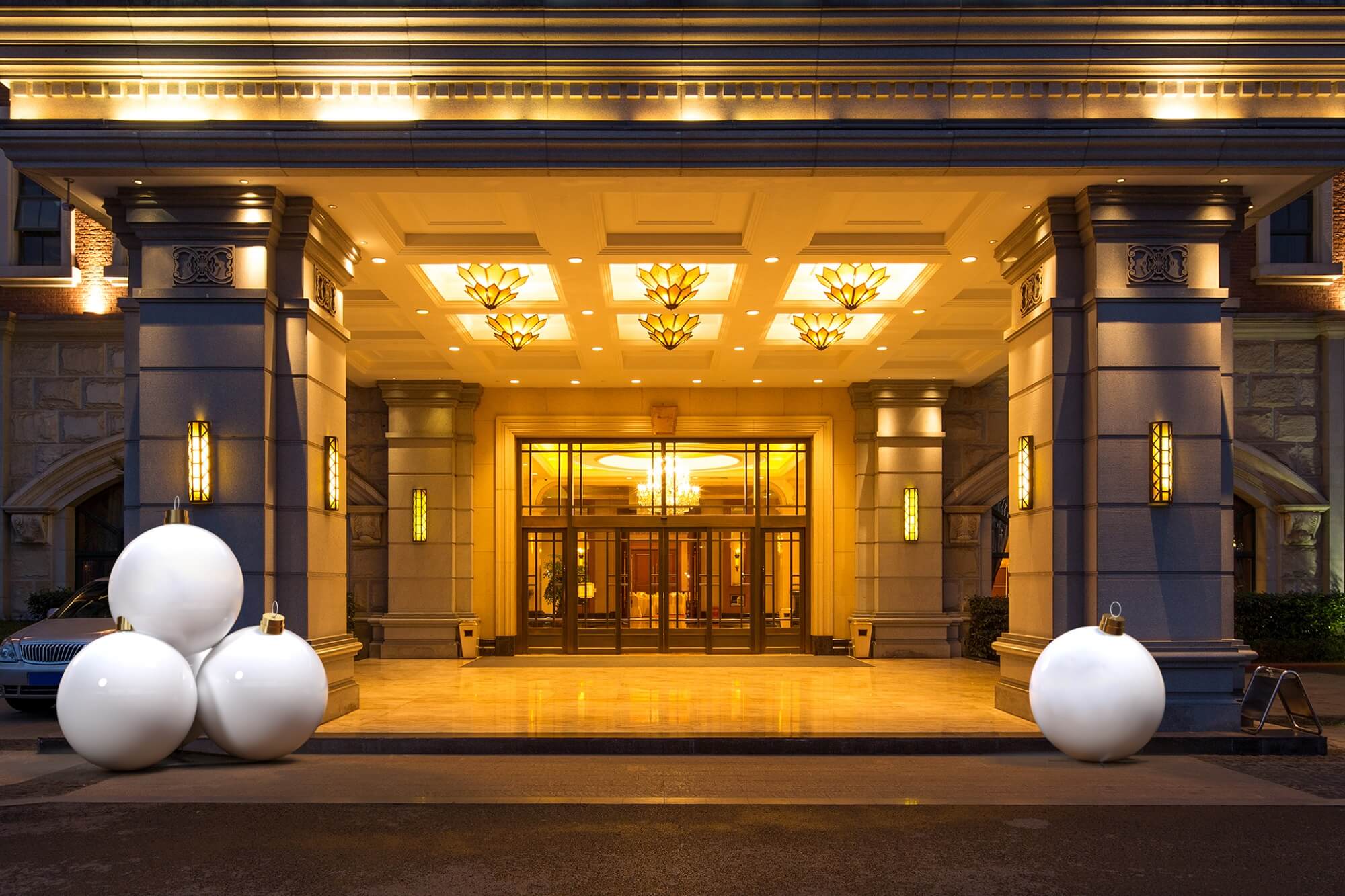 An image of the entrance to a luxury hotel.